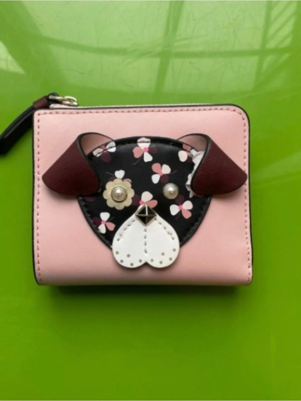 kate spade pink floral puppy zip-around wallet NWOT